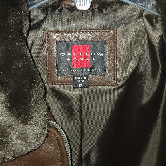 NWT Gallery Brown Leather Coat Lush Faux Fur Collar Plus Size 1X - Picture 5 of 7